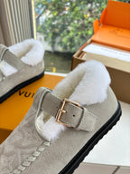 Louis Vuitton unisex light gray suede slip-on shoes with shearling lining and gold-tone buckle