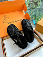 Louis Vuitton unisex suede loafers, black with monogram pattern and side buckle