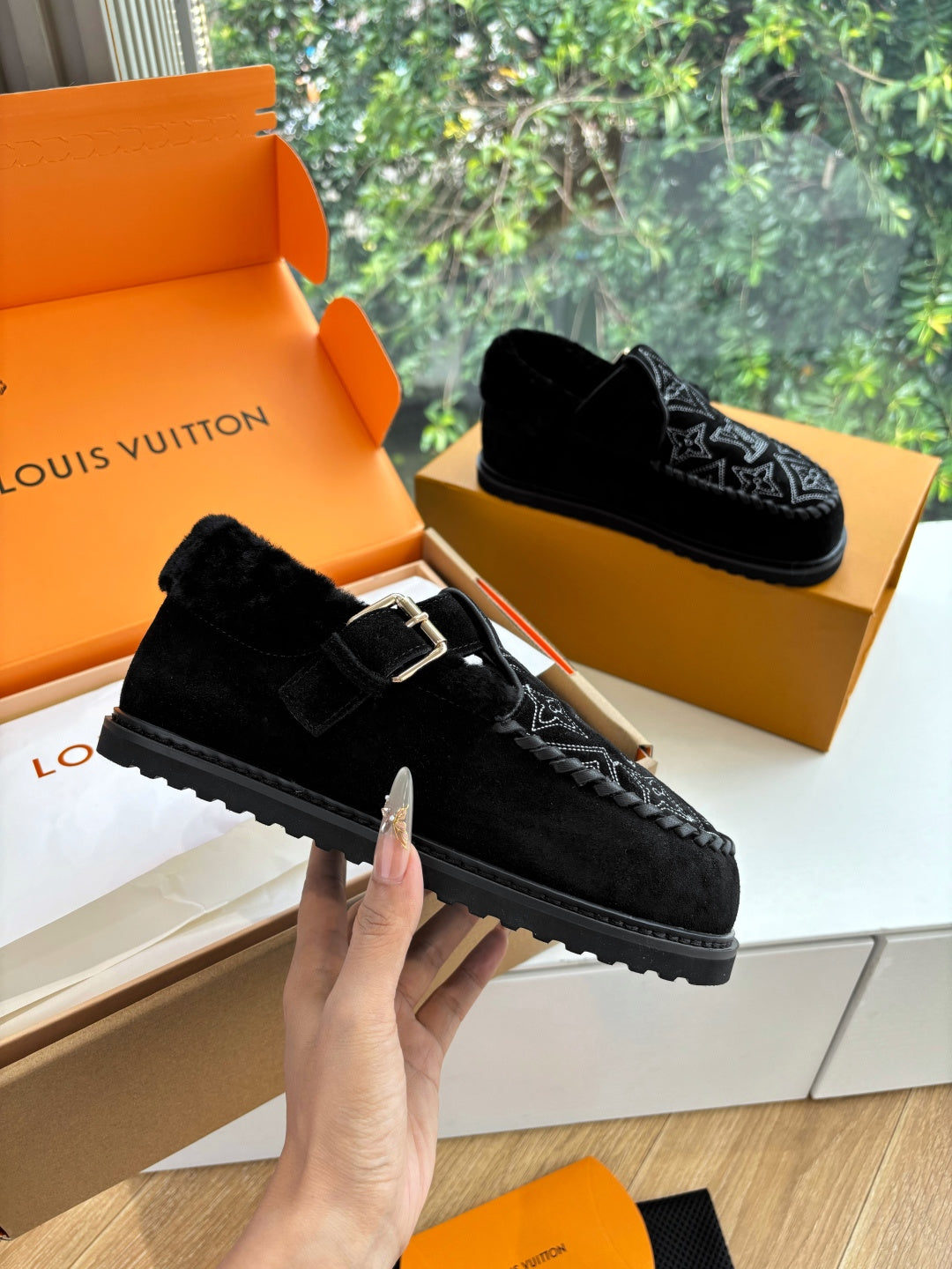 Louis Vuitton unisex suede loafer, black with monogram pattern and metal buckle