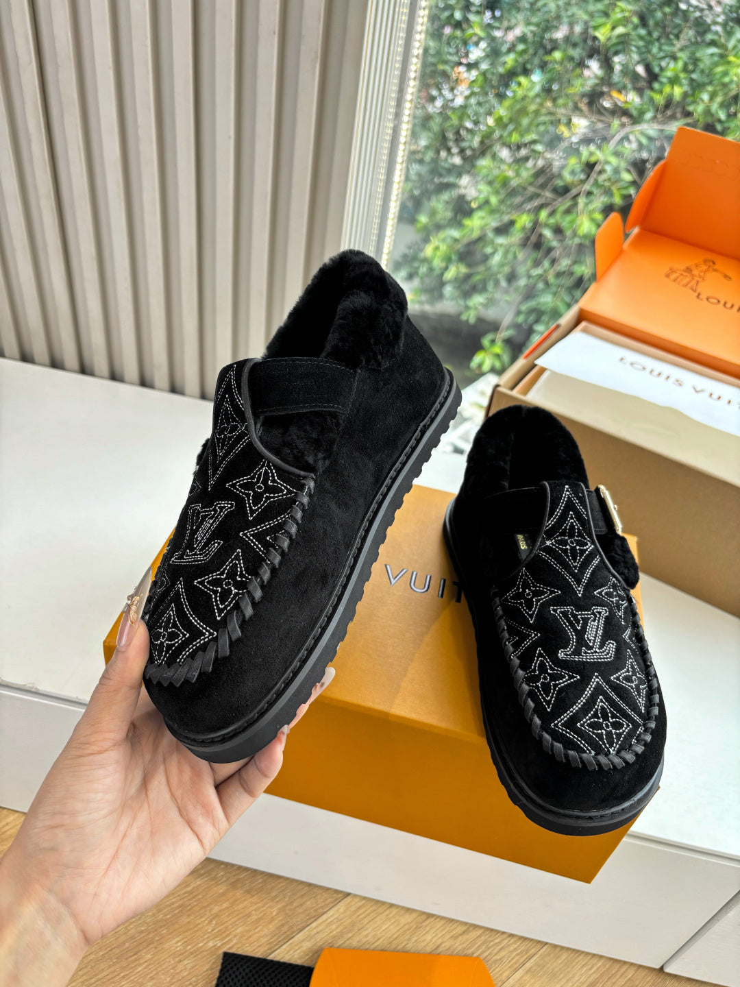 Louis Vuitton unisex suede loafers, black with stitched monogram pattern