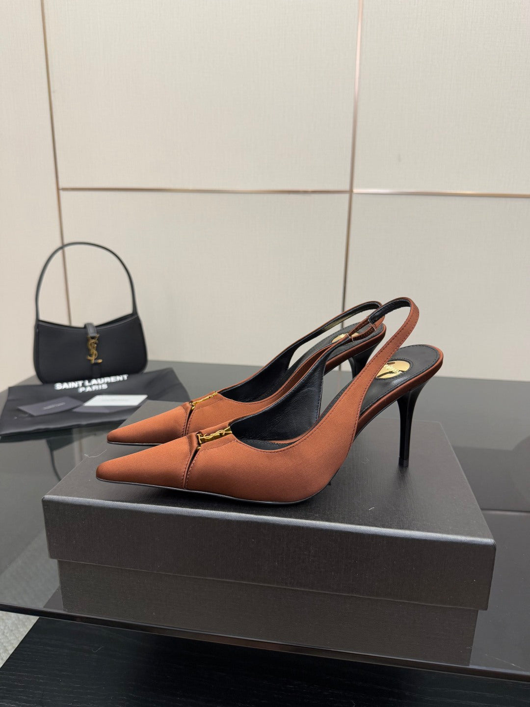 Tan slingback high heels, pointed toe, thin heel, gold buckle ornament on strap