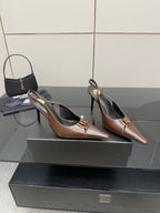 YSL ladies pointed-toe heels pair, brown with gold emblem, slingback style