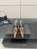 YSL ladies pointed-toe heels, brown with gold emblem, slingback strap