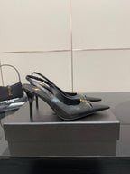 YSL ladies black pointed-toe high heels with gold logo trim and slingback