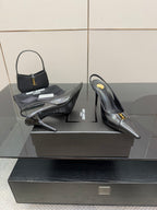Black YSL slingback pumps with pointed toe, stiletto heel, glossy leather finish