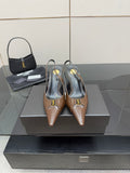 Brown leather pointed-toe slingback heels with gold logo detail