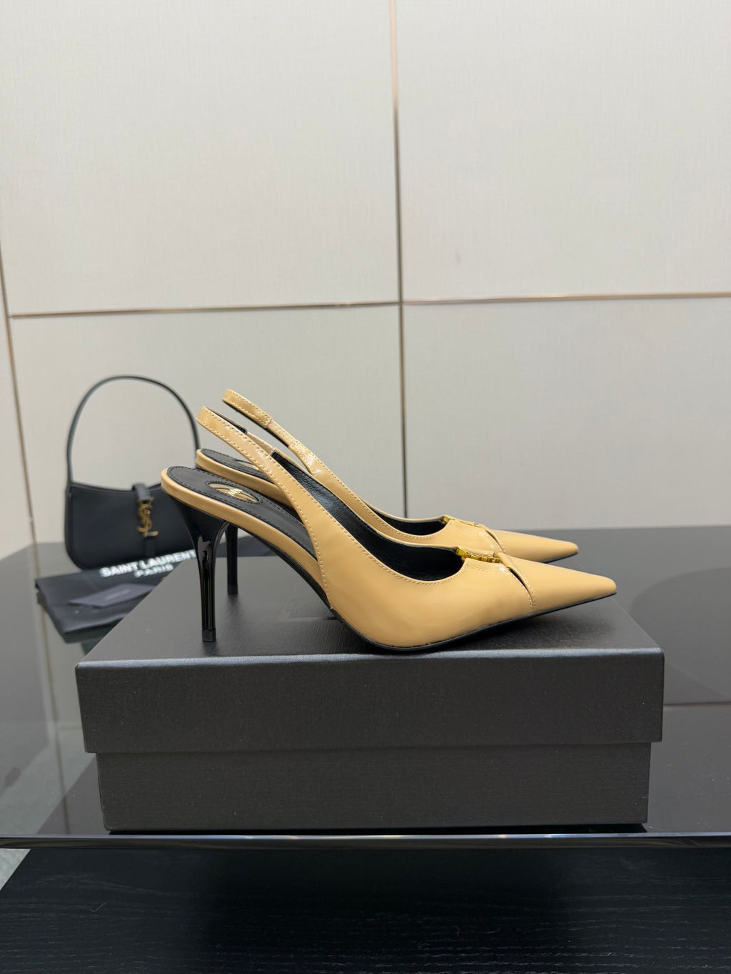 YSL beige patent slingback heels on box, pointed toe and slim stiletto heel