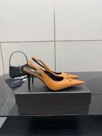 Women’s orange pointed-toe slingback pumps, stiletto heel, glossy leather finish