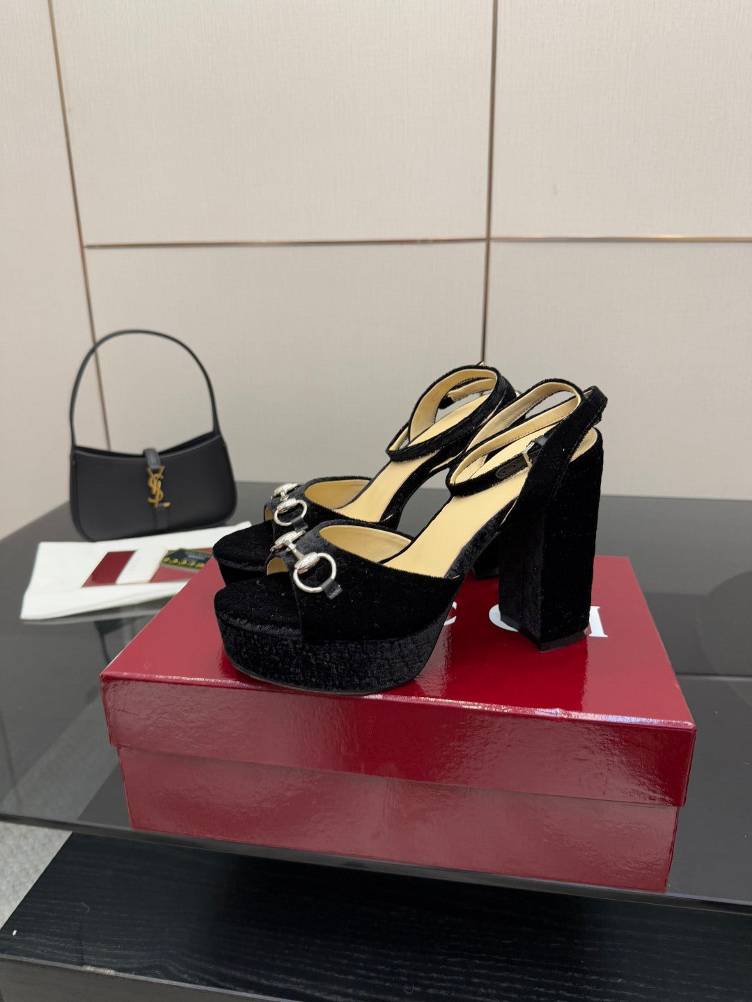 Black velvet platform heeled sandals with silver ring buckle straps
