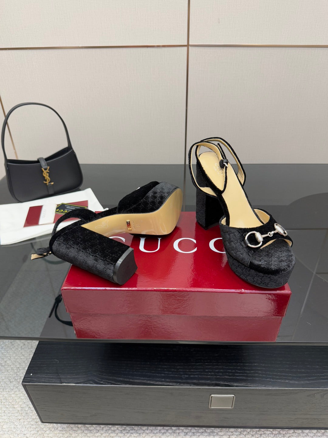 Black velvet platform heeled sandals with silver ring strap details