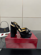 Black velvet platform heeled sandals with platform sole and thick block heel