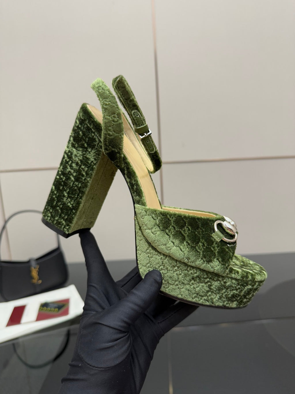 Gucci green platform high-heel sandals, heel and side view with silver ring strap