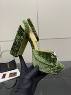 Gucci green platform high-heel sandals, heel and side view with silver ring strap
