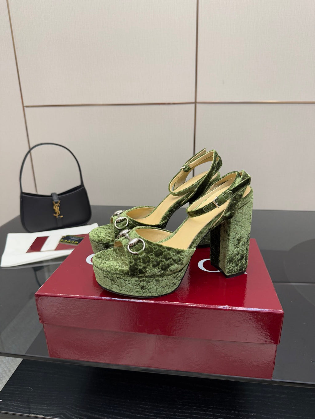 Gucci green platform high-heel sandals, side view, silver ring straps