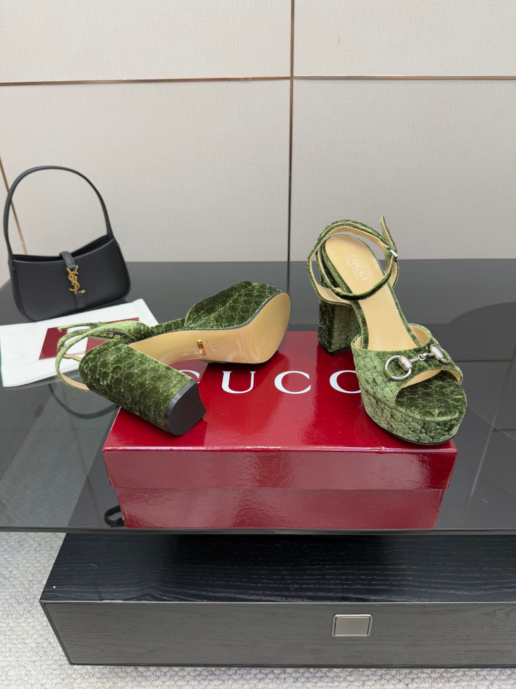 Gucci green platform high-heel sandals, front view, silver ring ankle closure