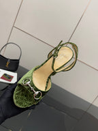 Gucci green platform high-heel sandals, open slingback with silver rings