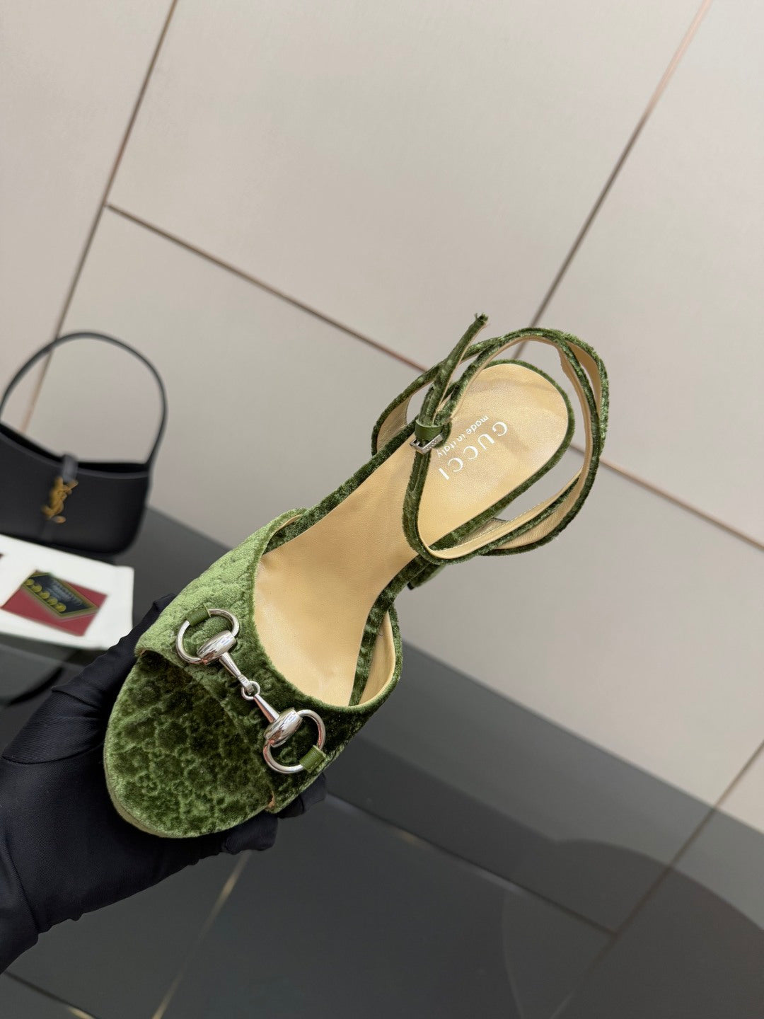 Gucci green platform high-heel sandals, open slingback with silver rings