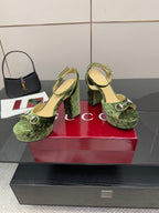 Gucci green platform high-heel sandals with ankle strap and silver ring hardware