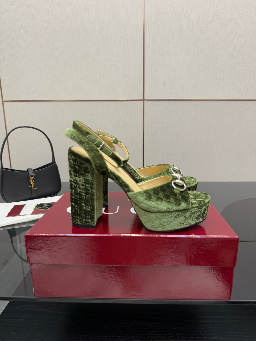 Gucci green platform high-heel sandals with textured strap and chunky block heel
