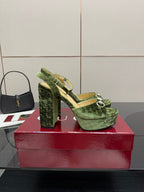 Gucci green platform high-heel sandals with textured strap and chunky block heel