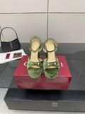 Gucci green platform high-heel sandals with silver ring buckle straps