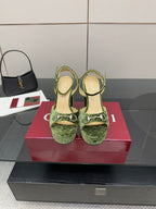 Gucci green platform high-heel sandals with silver ring buckle straps
