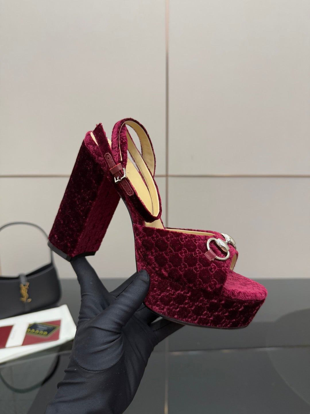 Purple velvet platform high-heel sandals with thick block heel and sling strap