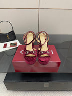 Purple textured platform high-heel sandals with buckle strap and silver rings