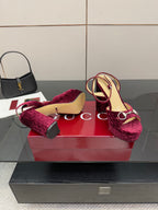 Purple velvet platform sandals with tan insoles and ankle straps