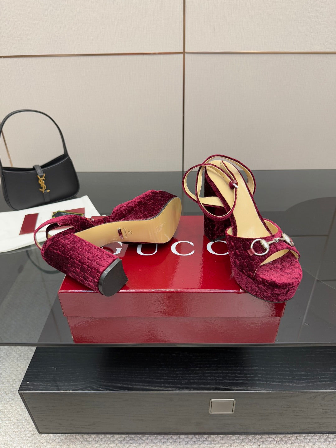 Purple velvet platform sandals with tan insoles and ankle straps