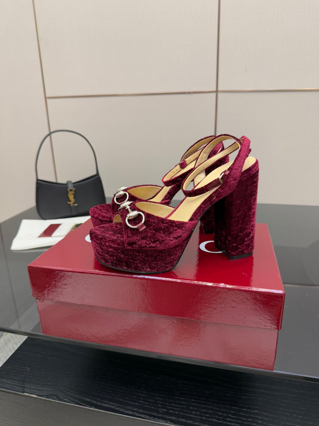 Purple velvet platform high-heel sandals with ankle strap and silver hardware