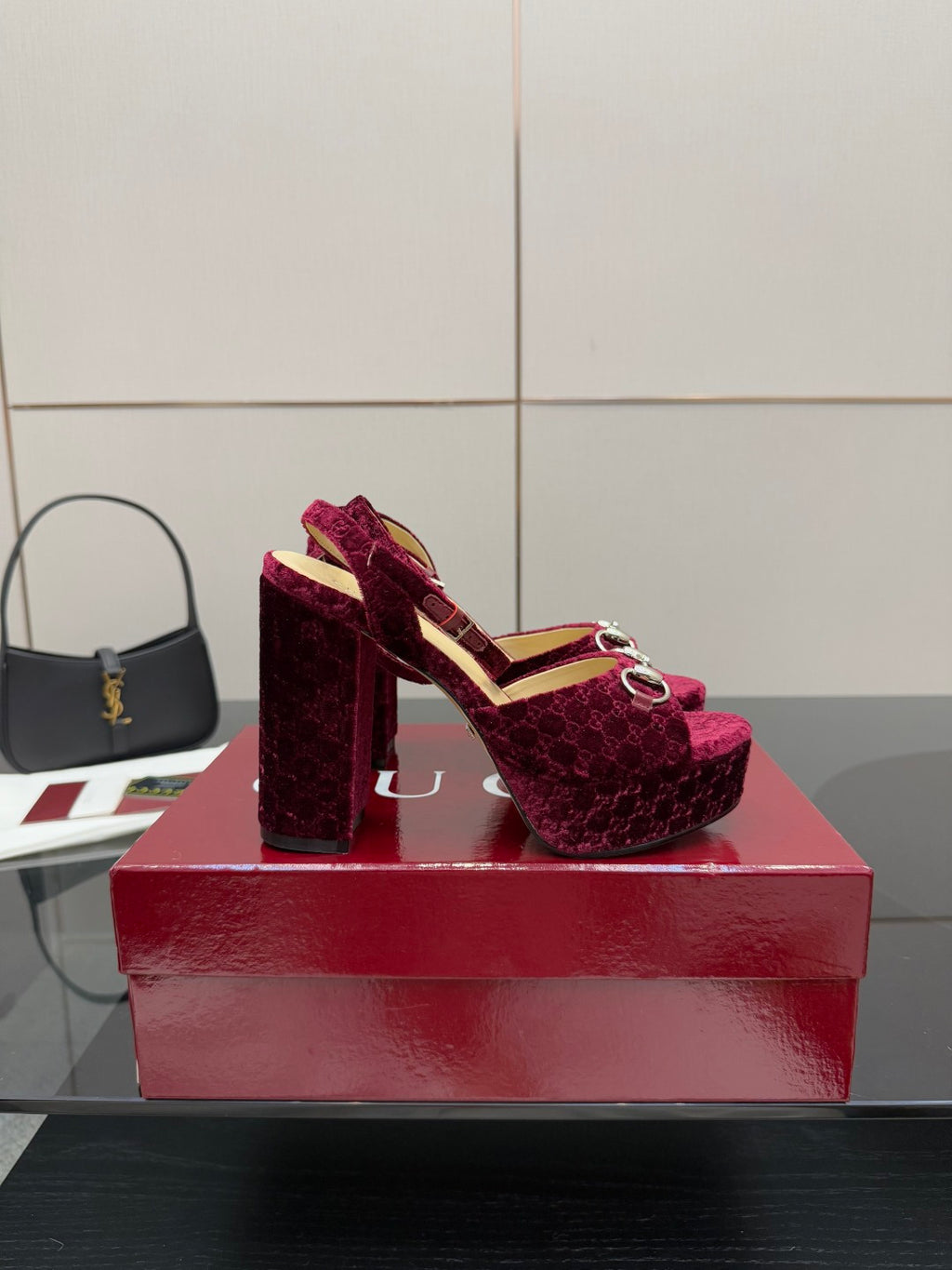 Purple velvet platform high-heel sandals with block heel and ankle sling