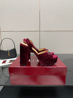 Purple velvet platform high-heel sandals with block heel and ankle sling