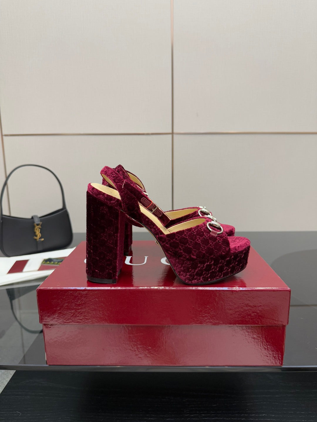 Purple velvet platform high-heel sandals with block heel and ankle sling