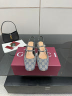 Blue GG monogram flats with bow buckle and slingback strap, low heel