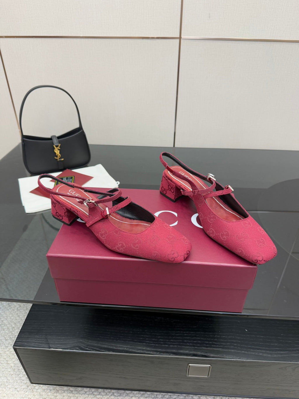 Gucci ladies slingback pumps, pink logo fabric, back strap and block heel.