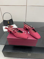 Gucci ladies slingback pumps, pink logo fabric, back strap and block heel.