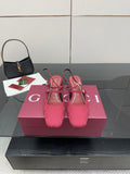 Gucci ladies slingback pumps, pink logo fabric, block heel, ankle strap.