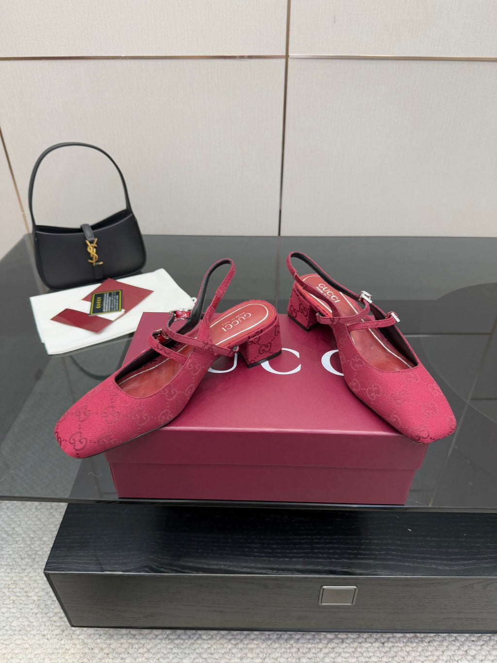 Gucci ladies slingback pumps, pink logo print, open top with ankle strap.