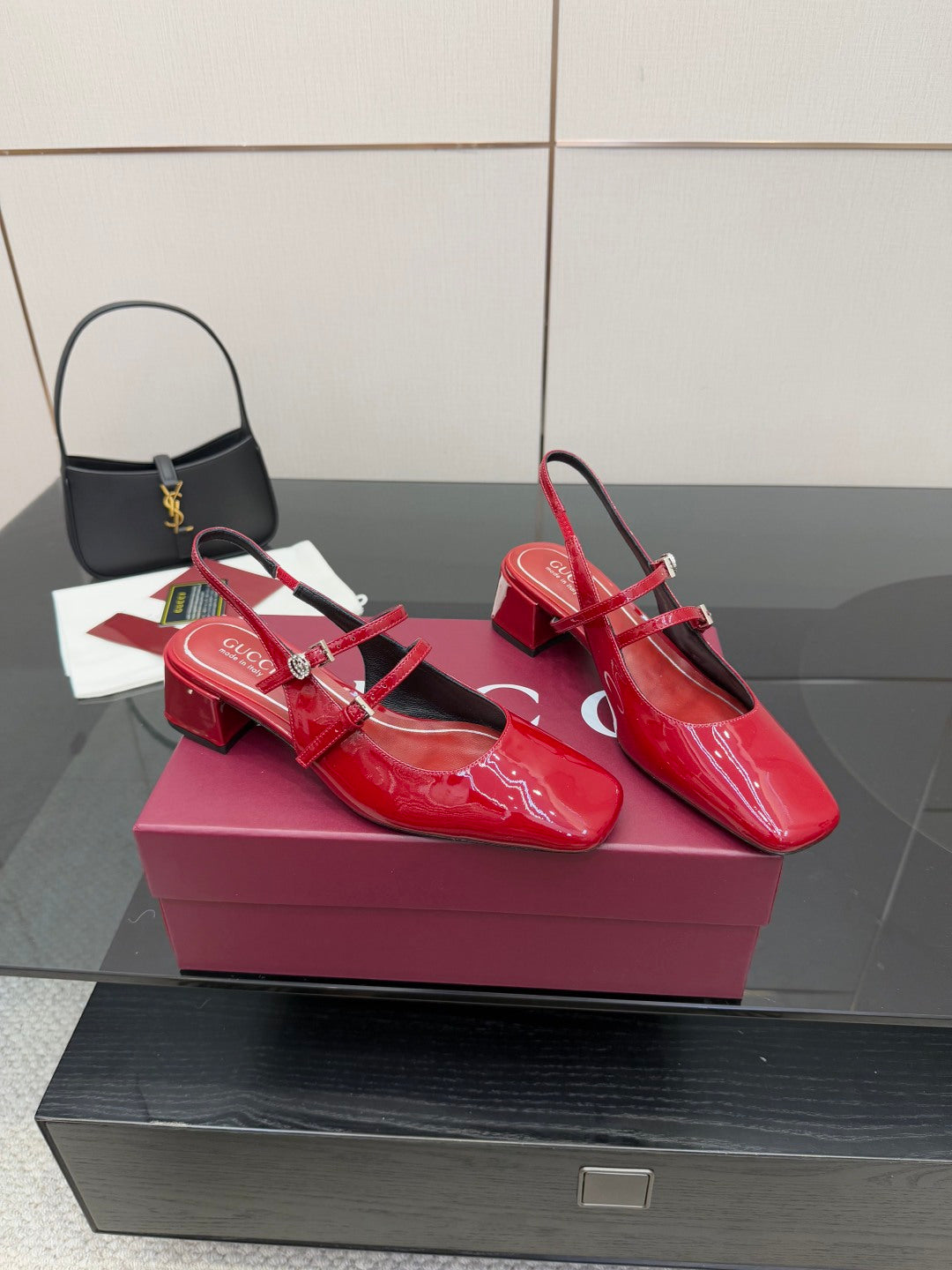Gucci women’s red patent slingback heels, side profile, chunky block heel