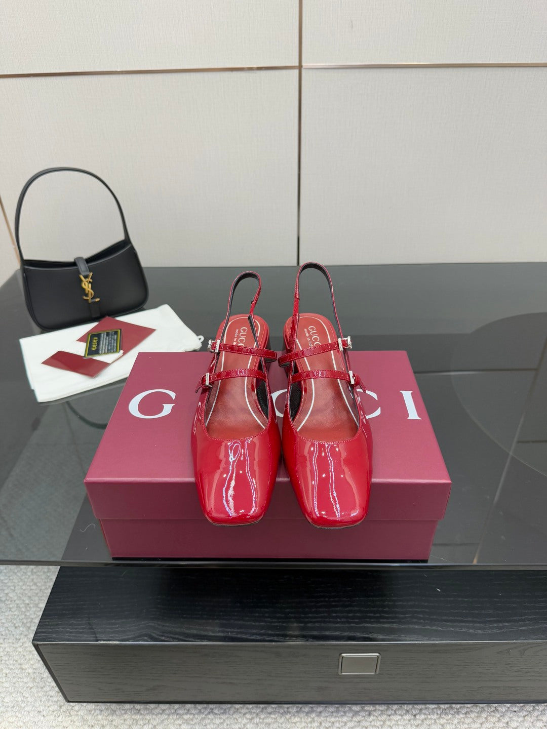 Gucci women’s red patent heels, ankle strap and chunky block heel