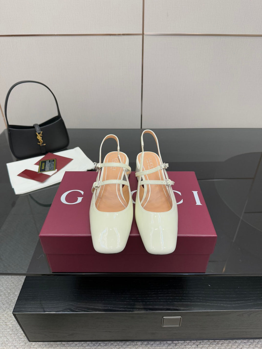 Gucci ladies' white slingback shoes with pointed toe, jeweled strap, block heel.