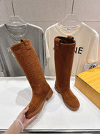 Brown suede tall boots with embossed FF pattern and buckle detail, Fendi women
