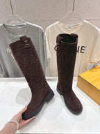 Burgundy suede-look boot with Fendi monogram and side buckle detail