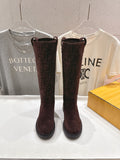 Burgundy suede-look tall boots with Fendi logo pattern and pull-on tabs