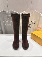 Burgundy suede-look tall boots with Fendi logo pattern and pull-on tabs