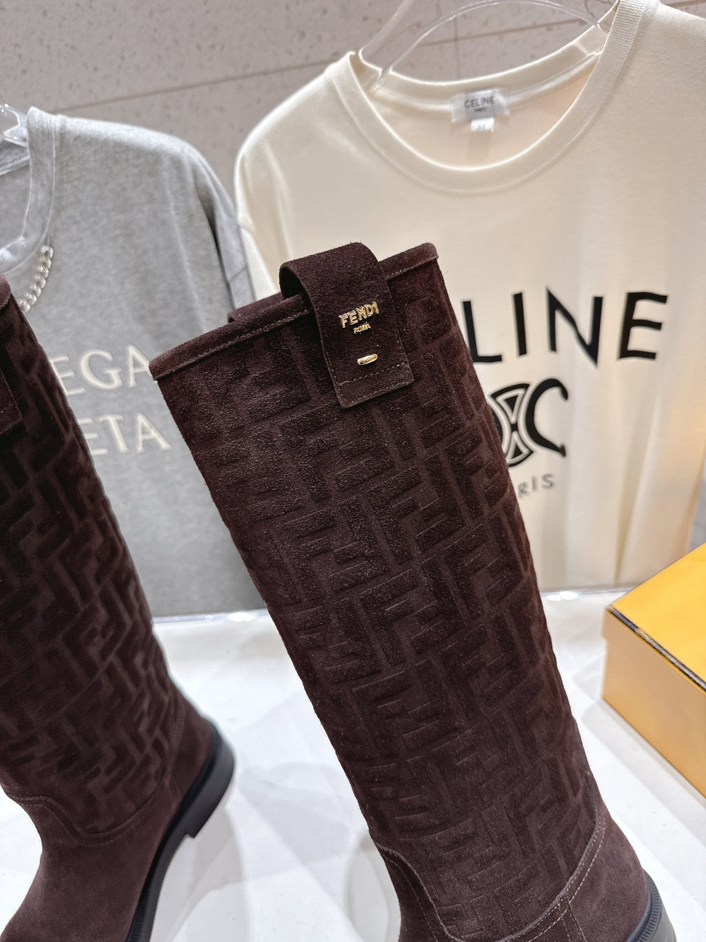 Fendi monogram tall boots with folded strap and gold-tone logo plaque
