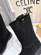 Black Fendi buckle strap boot with FF monogram shaft and gold-tone eyelets