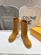 Women’s tan suede pull-on ankle boots, square-toe profile