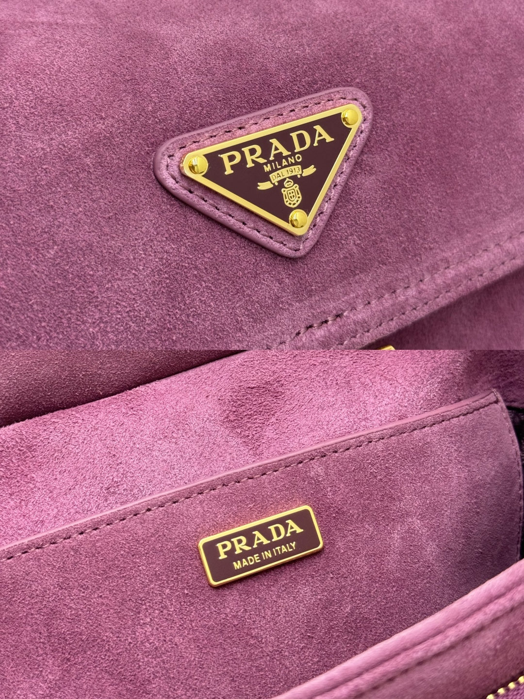 Purple suede bag close-up with triangular gold logo patch and rectangular logo patch